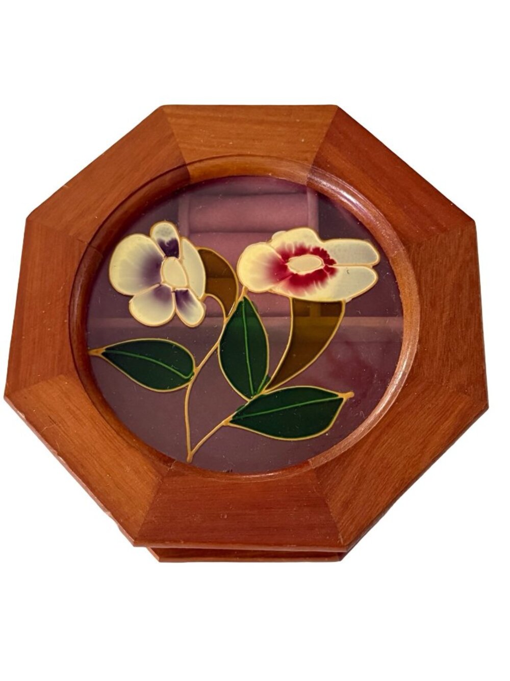 Vintage Mele Wooden Jewelry Box Octagon Floral Glass Lid Ring Holder Made in Tai